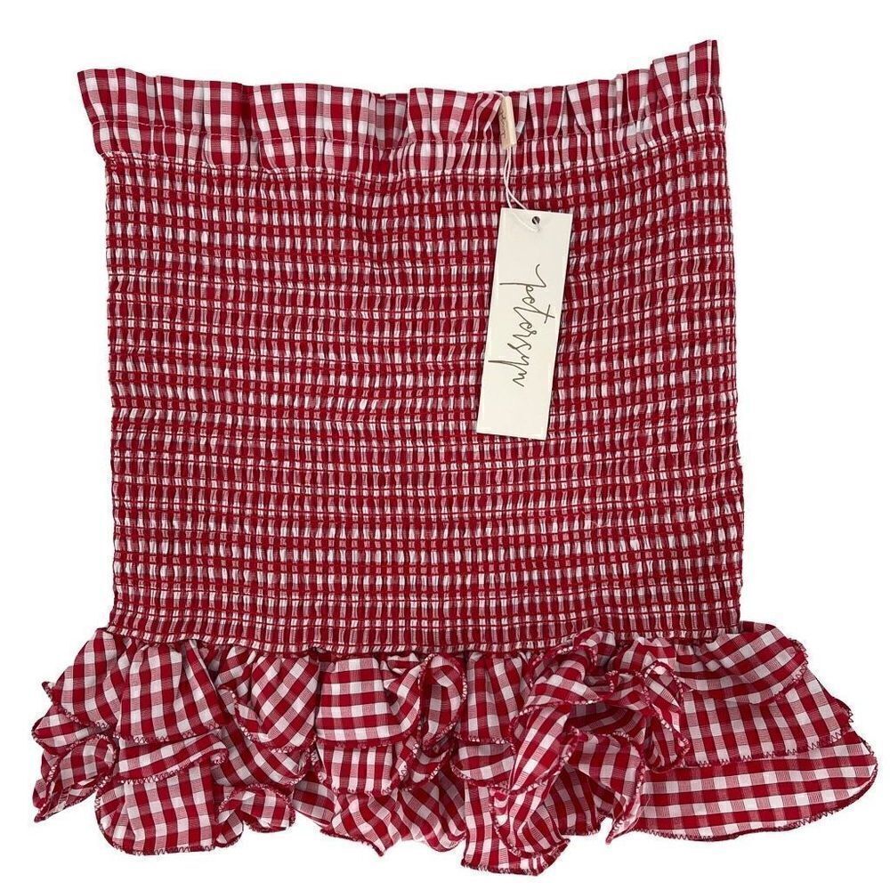 Petersyn Barrett Fitted Smocked Ruffle Mini Skirt Red White Check Linen Medium